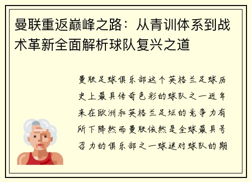 曼联重返巅峰之路：从青训体系到战术革新全面解析球队复兴之道